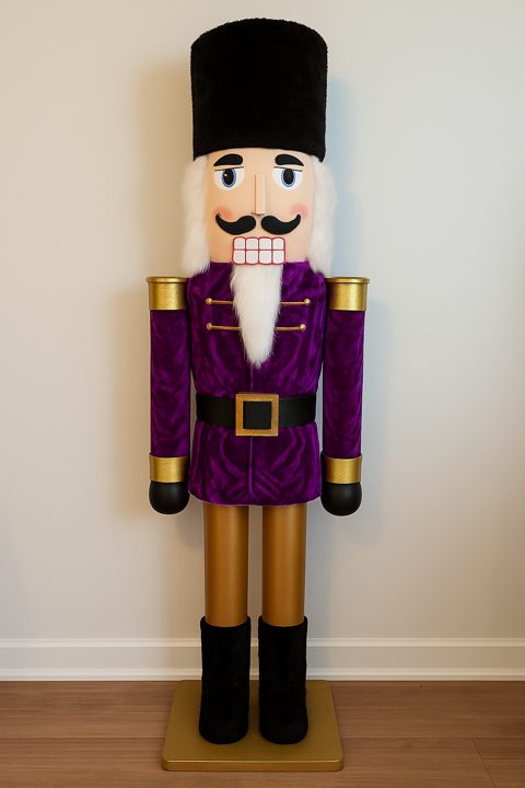 The Everhall nutcracker, coat digitally mocked up in a plum velvet coat