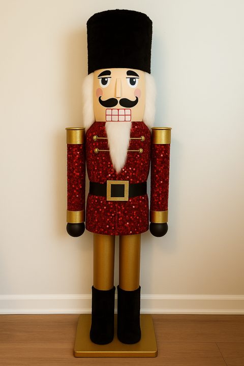 The Everhall nutcracker, coat digitally mocked up in a ruby sequin coat