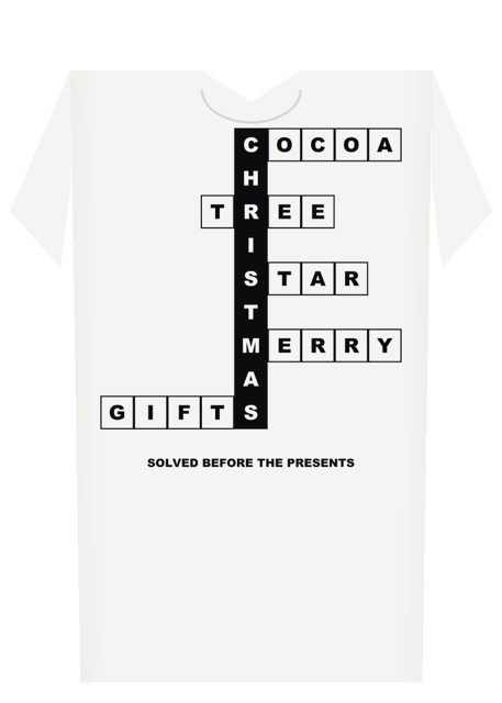 White tee with a crossword built on the word CHRISTMAS