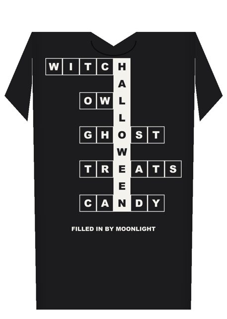 Black tee with a crossword built on the word HALLOWEEN