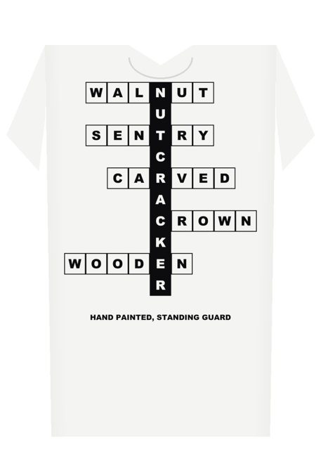 White tee with a crossword built on the word NUTCRACKER