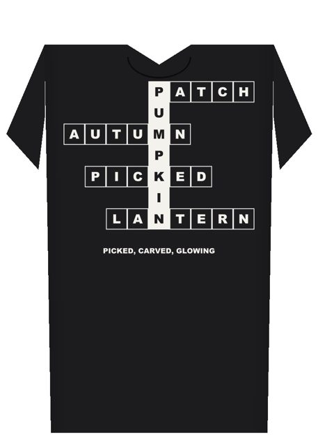 Black tee with a crossword built on the word PUMPKIN